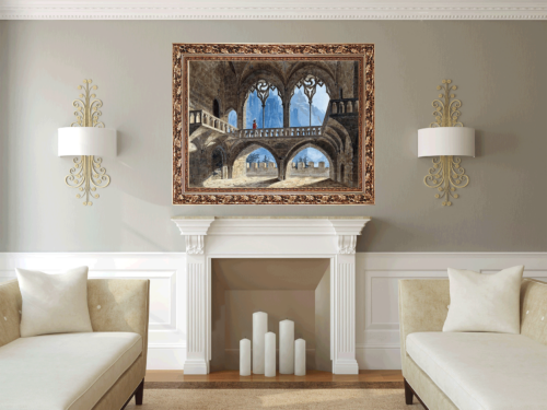 Gothic hall with View of high mountains